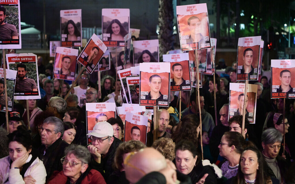 Protesters call for the release of Israelis held kidnapped by Hamas terrorists in Gaza, at Hostages Square in Tel Aviv, February 10, 2024. (Avshalom Sassoni/ Flash90)
