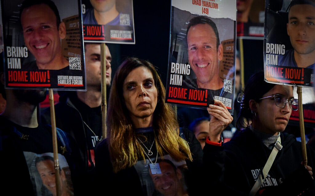 Relatives of hostages and supporters attend a rally calling for the release of the abductees held by Hamas in Gaza, at Hostages Square in Tel Aviv, February 10, 2024. (Avshalom Sassoni/ Flash90)