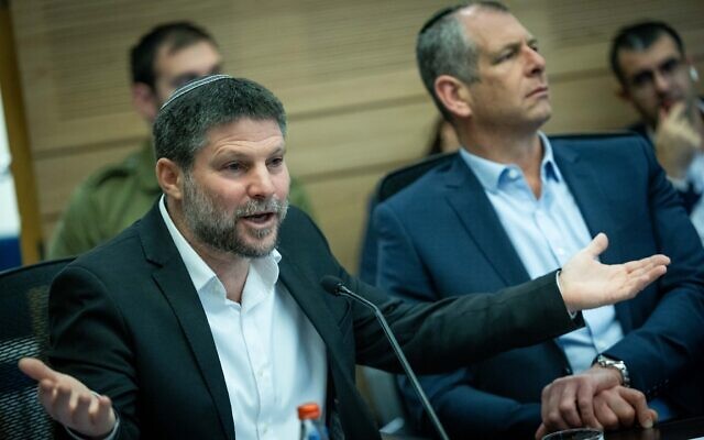 Finance Minister Bezalel Smotrich attends a Finance Committee meeting at the Knesset on February 12, 2024 (Yonatan Sindel/Flash90)