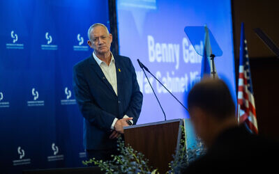 War cabinet minister Benny Gantz speaks at the Conference of Presidents of Major American Jewish Organizations in Jerusalem on February 18, 2024 (Photo by Yonatan Sindel/Flash90)