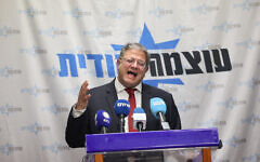National Security Minister Itamar Ben Gvir leads an Otzma Yehudit faction meeting at the Knesset in Jerusalem, on February 19, 2024. (Yonatan Sindel/Flash90)