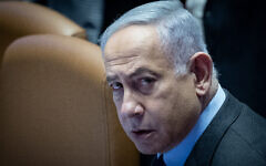 Israeli Prime Minister Benjamin Netanyahu at the Knesset in Jerusalem, February 19, 2024. (Yonatan Sindel/Flash90)