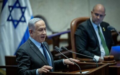 Prime Minister Benjamin Netanyahu speaks during a plenum session at the assembly hall of the Knesset in Jerusalem, Feb. 19, 2024. (Yonatan Sindel/Flash90)