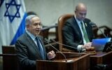 Prime Minister Benjamin Netanyahu speaks during a plenum session at the Knesset on February 19, 2024. (Yonatan Sindel/Flash90)