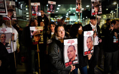 Families of Israelis held in Hamas captivity protest calling for the government to find a solution to have the hostages released, outside IDF military headquarters in Tel Aviv, February 20, 2024. (Avshalom Sassoni/Flash90)