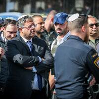 National Security Minister Itamar Ben Gvir at the scene of a deadly terror attack on Route 1 near Ma'ale Adumim, in the West Bank, February 22, 2024 (Jamal Awad/Flash90).