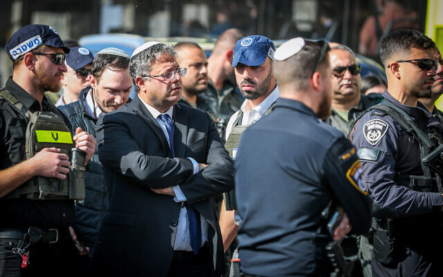 National Security Minister Itamar Ben Gvir at the scene of a deadly terror attack on Route 1 near Ma'ale Adumim, in the West Bank, February 22, 2024 (Jamal Awad/Flash90).