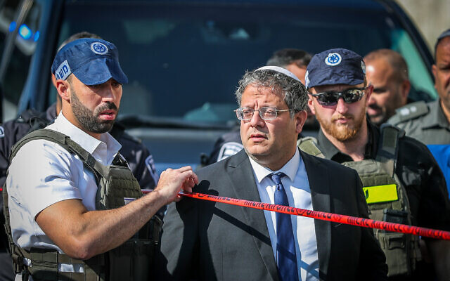 National Security Minister Itamar Ben Gvir at the scene of a terror shooting attack on Route 1 near Ma'ale Adumim, in the West Bank, February 22, 2024. (Jamal Awad/Flash90)