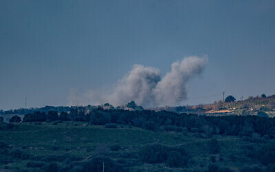 Smoke rises after an Israeli airstrike in the Lebanese village of Ayta ash Shab on February 24, 2024. (Ayal Margolin/Flash90)