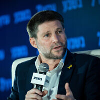 Minister of Finance and Religious Zionist party chairman Bezalel Smotrich at the annual Jerusalem Conference of the 'Besheva' group in Jerusalem, February 25, 2024. (Yonatan Sindel/Flash90)