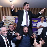 Yossi Kakun celebrates his apparent victory in the Safed municipal elections, February 28, 2024 (David Cohen/Flash90)