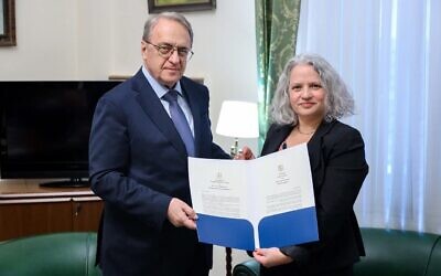 Israel's Ambassador to Russia Simona Halperin (right) presents her credentials to Russian Deputy Foreign Minister Mikhail Bogdanov, January 1, 2024. (Simona Halperin's X account)