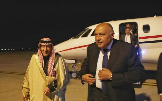 Egyptian Foreign Minister Sameh Shoukry arrives in Riyadh for an Arab summit on the Gaza war on February 8, 2024. (Saudi Arabia's foreign ministry/X)