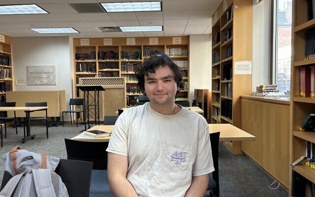 Columbia University student Noah Lederman sits inside the Columbia Hillel, February 2024. (Cathryn J. Prince)