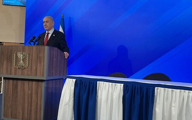 Prime Minister Benjamin Netanyahu speaks to reporters at an evening press conference, February 29, 2024. (Lazar Berman/The Times of Israel)