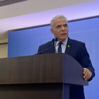 Opposition Leader Yair Lapid at a press conference in Tel Aviv, February 13, 2024. (Sam Sokol)