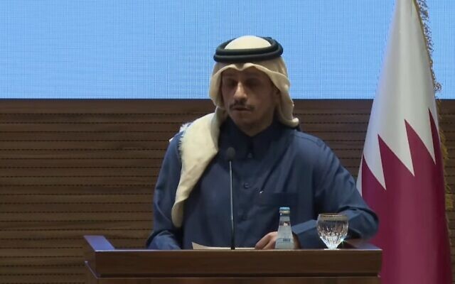Qatari Prime Minister Mohammed bin Abdulrahman bin Jassim Al Thani speaks at a press conference in Doha with US Secretary of State Antony Blinken on February 6, 2024. (Screen capture/YouTube)