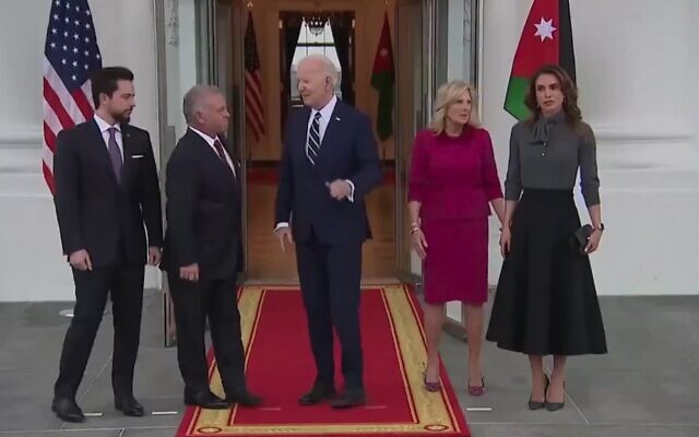 US President Joe Biden greets the royal Jordanian family at the White House on February 12, 2024. (Screen capture/X)
