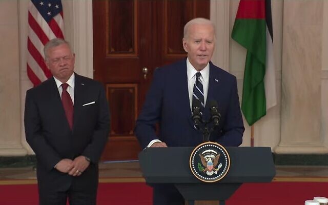 US President Joe Biden speaks at the White House alongside Jordan's King Abdullah on February 12, 2024. (Screen capture/YouTube)
