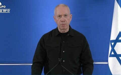 Defense Minister Yoav Gallant speaks at a press conference in Tel Aviv on February 28, 2024. (Screen capture)