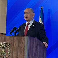 Prime Minister Benjamin Netanyahu speaks to reporters at an evening press conference, February 29, 2024. (Lazar Berman/Times of Israel)