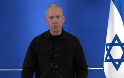 Defense Minister Yoav Gallant speaks at a press conference in Tel Aviv on February 28, 2024. (Screen capture)