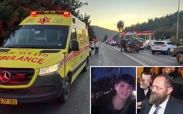 Medics respond to a deadly shooting terror attack near the West Bank settlement of Eli, February 29, 2024. (MDA); Inset: Undated photos of Uria Hartum (L), 16, and Yitzhak Zeiger, 57, who were killed in the attack. (Courtesy)