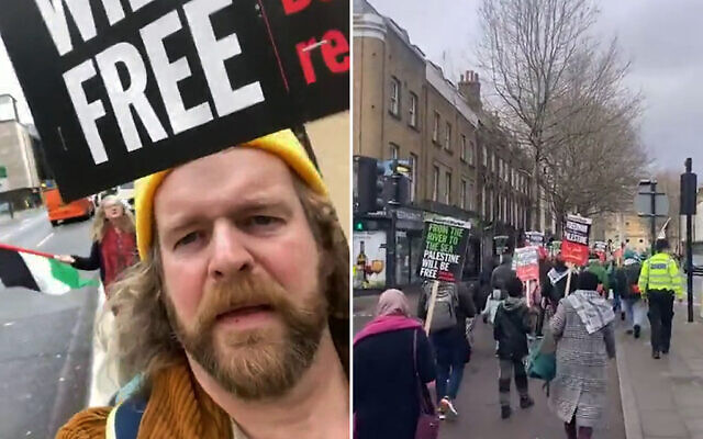 Comedian Paul Currie at a pro-Palestine demonstration in London, February 10, 2024. (Screenshot/Instagram; Used in accordance with Clause 27a of the Copyright Law)