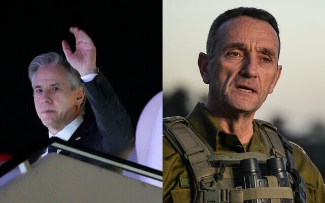 This composite image shows US Secretary of State Antony Blinken waving as he arrives at Ben Gurion Airport late on February 6, 2024; and IDF Chief of Staff Herzi Halevi giving a statement to the media at a base in southern Israel on December 26, 2023. (AP Photo/Mark Schiefelbein, Pool and Flash90)