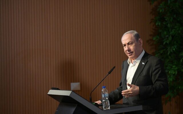 Prime Minister Benjamin Netanyahu speaks at the Yahalom special engineering unit base in Julis, Ashdod, February 11, 2024 . (Courtesy)