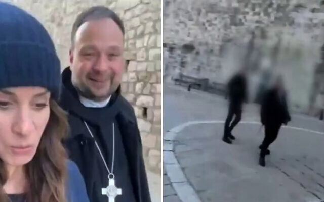Two youths (R) insult and spit at Abbot Nikodemus Schnabel in Jerusalem's Old City, February 3, 2024. (Screenshot/X; used in accordance with Clause 27a of the Copyright Law)