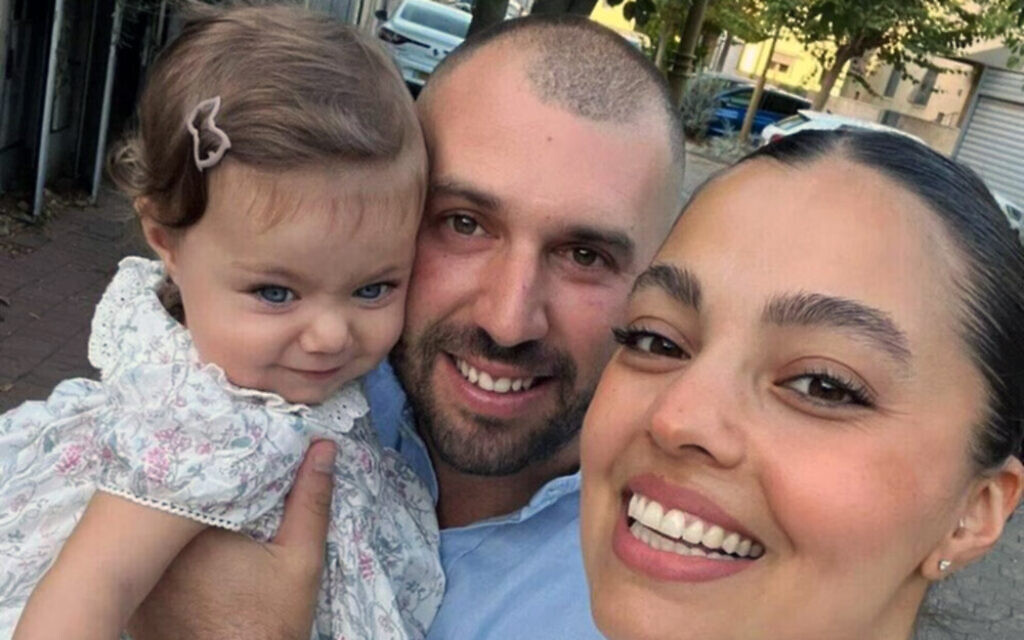 Maj. David Shakuri with his wife and daughter. Shakuri was killed during fighting in the northern Gaza Strip on February 6, 2024, (Courtesy)