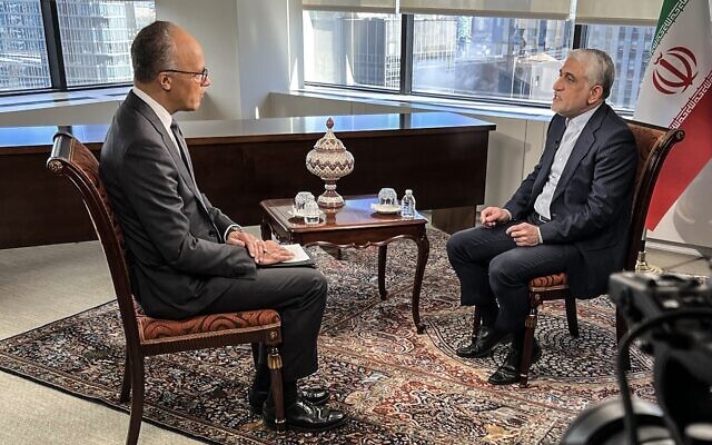 Iranian Ambassador to the UN Amir Saeid Iravani (R) is interviewed in his New York mission on February 6, 2024. (NBC Nightly News)
