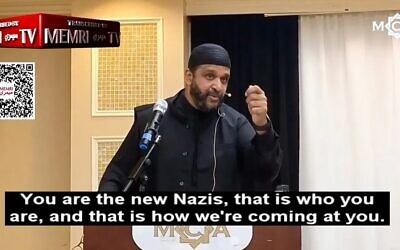An imam in California speaks before a Santa Clara community, engaging in hate speech and antisemitic comments against Jews, December 13, 2023. (Screenshot/MEMRI; used in accordance with Clause 27a of the Copyright Law)