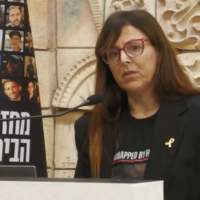 Ayelet Samerano, mother of murdered hostage Jonathan Samerano, speaking at a press conference on February 21, 2024 (Screen capture)