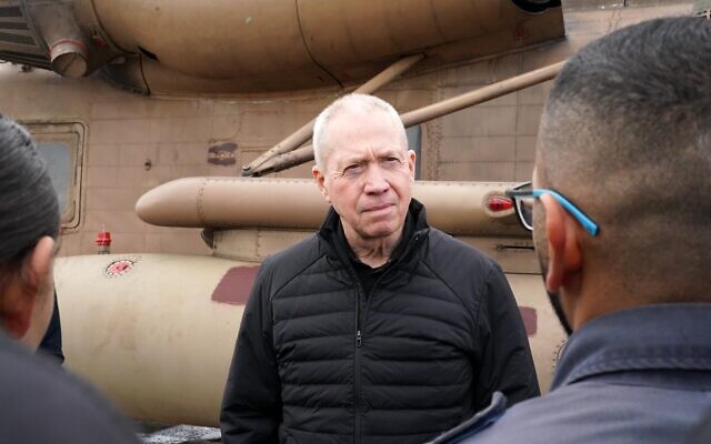 Defense Minister Yoav Gallant tours Tel Nof Airbase in central Israel, February 4, 2024. (Defense Ministry)