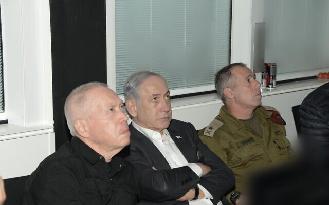 Defense Minister Yoav Gallant (L), Prime Minister Benjamin Netanyahu and Maj. Gen. Avi Gil during the hostage rescue in southern Gaza's Rafah, February 12, 2024 (Shin Bet)