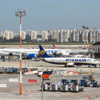 A Ryanair plane at Ben Gurion International Airport, outside of Tel Aviv. March 2, 2021. (Yossi Aloni/ Flash90)
