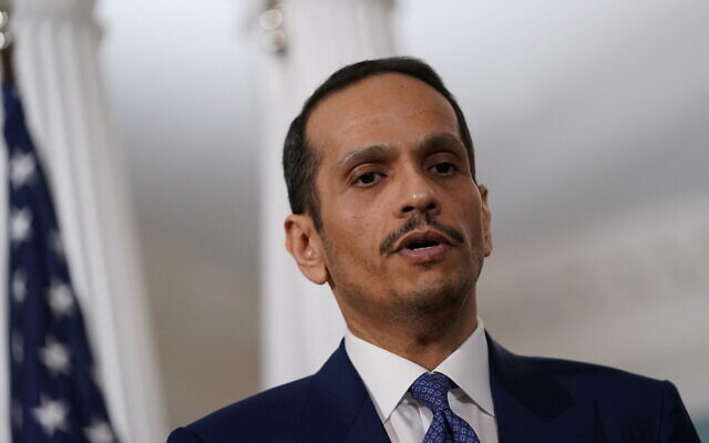 Qatari Prime Minister and Minister of Foreign Affairs Sheikh Mohammed bin Abdulrahman bin Jassim al-Thani speaks to the press as he meets with US Secretary of State Antony Blinken in the Treaty Room of the State Department in Washington, DC, on March 5, 2024. (Photo by Drew ANGERER / AFP)
