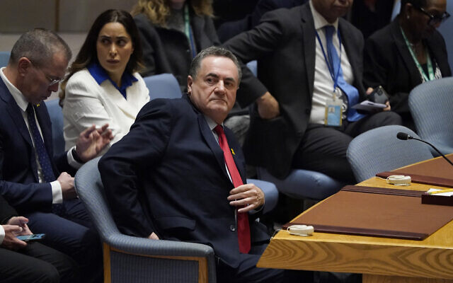 Foreign Minister Israel Katz attends a United Nations Security Council meeting about the conflict in the Middle East at UN headquarters in New York on March 11, 2024. (TIMOTHY A. CLARY / AFP)