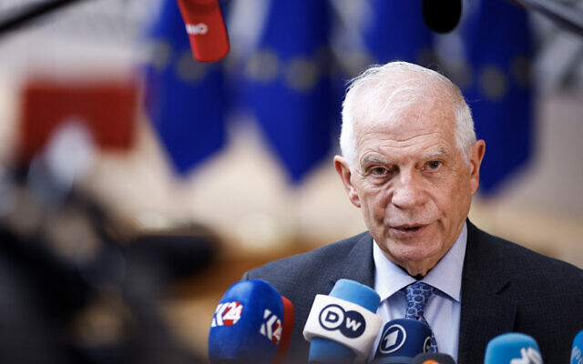 High Representative of the European Union for Foreign Affairs and Security Policy Josep Borrell speaks to the media ahead of a Foreign Affairs Council (FAC) meeting at the EU headquarters in Brussels, on March 18, 2024. (Kenzo TRIBOUILLARD / AFP)