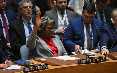 US Ambassador to the United Nations Linda Thomas-Greenfield votes abstain on a resolution calling for an immediate ceasefire in Gaza, during a United Nations Security Council meeting at UN headquarters in New York on March 25, 2024. (Angela Weiss/AFP)