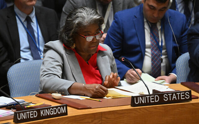 US Ambassador to the United Nations Linda Thomas-Greenfield speaks during a United Nations Security Council meeting at the UN headquarters in New York on March 25, 2024. (Angela Weiss/AFP)