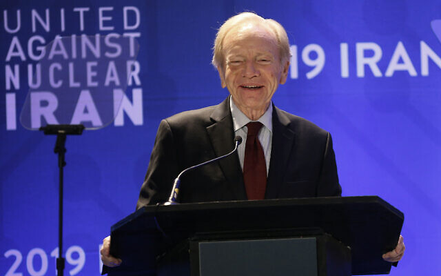 Former Connecticut Sen. Joe Lieberman delivers remarks during the United Against Nuclear Iran summit, Wednesday, Sept. 25, 2019, in New York. (AP Photo/Jason DeCrow)