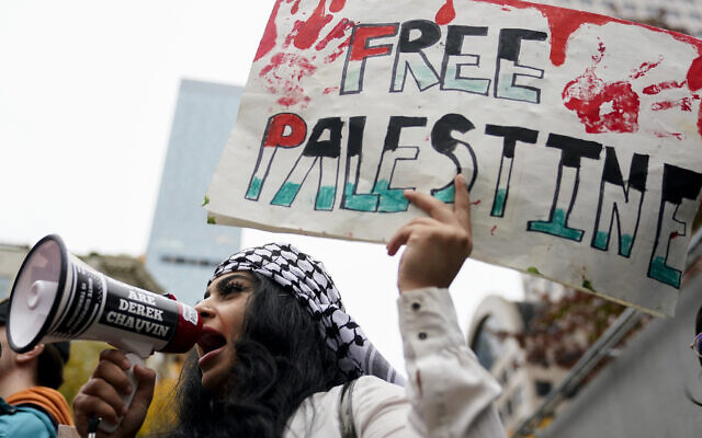Illustrative: An activist holds a 'Free Palestine' sign during a pro-Palestinian rally, October 21, 2023, in Seattle, Washington. (AP Photo/Lindsey Wasson)
