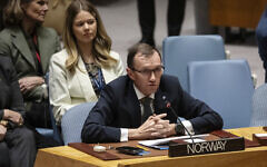 Norwegian Foreign Minister Espen Barth Eide speaks during a Security Council meeting at United Nations headquarters, Tuesday, Jan. 23, 2024. (AP Photo/Yuki Iwamura)