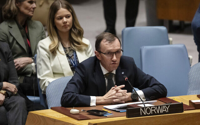 Norwegian Foreign Minister Espen Barth Eide speaks during a Security Council meeting at United Nations headquarters, Tuesday, Jan. 23, 2024. (AP Photo/Yuki Iwamura)