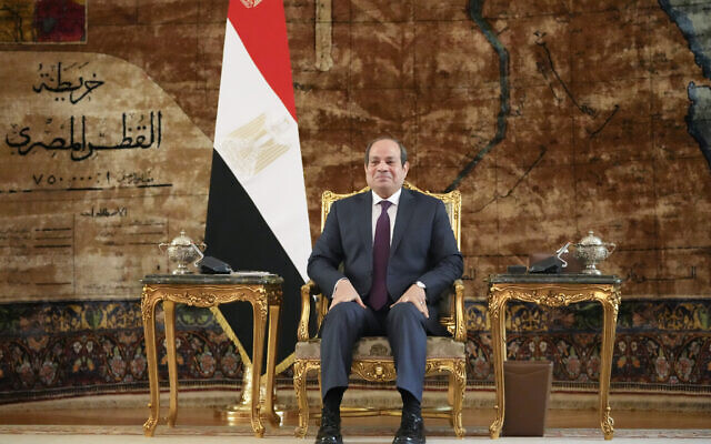 Egyptian President Abdel Fattah el-Sissi attends a meeting with US Secretary of State Antony Blinken at Al-Ittihadiya Palace, in Cairo, February 6, 2024. (AP Photo/Mark Schiefelbein, Pool)