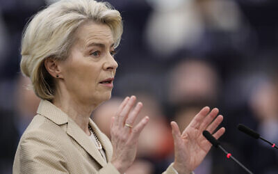 European Commission President Ursula von der Leyen delivers her speech on security and defense at the European Parliament in Strasbourg, eastern France, Wednesday, February 28, 2024. (AP Photo/Jean-Francois Badias)