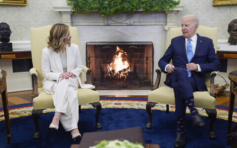 US President Joe Biden meets Italian Prime Minister Giorgia Meloni in the Oval Office of the White House, Friday, March 1, 2024, in Washington. (AP Photo/Evan Vucci)